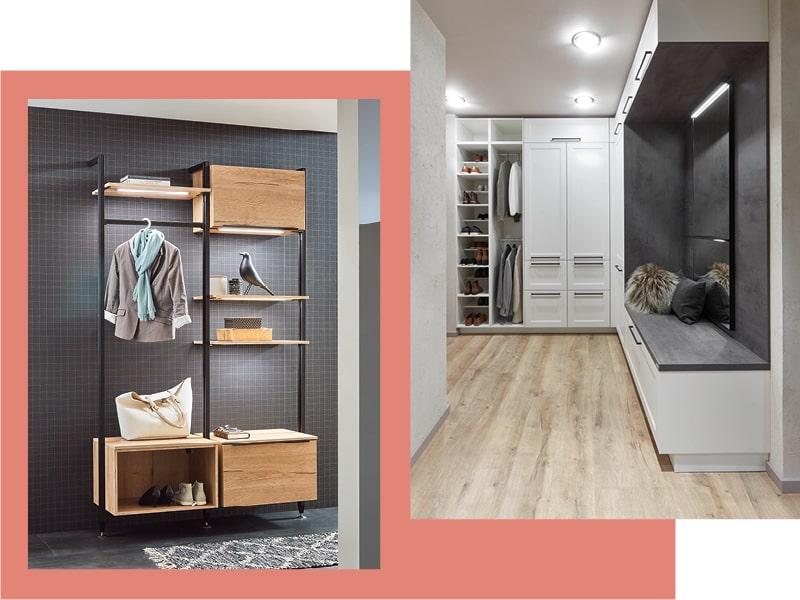 Zu sehen sind zwei Fotos. Auf dem linken Foto sieht man eine Hängegarderobe in moderner, industrieller Teilholzoptik. Auf dem rechten Foto ist eine moderne Garderobe mit Granitflächen und weißen Fronten ums Eck zusehen.