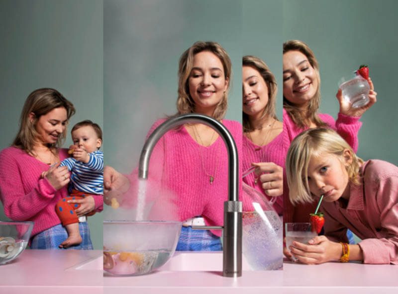 Collage aus mehreren Bildern mit Frau, die Wasserhahn von Quooker bedient