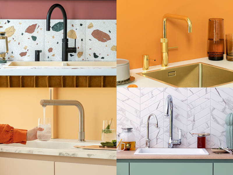 Collage aus 4 Bildern mit Wasserhähnen von Quooker in verschiedenen Designs