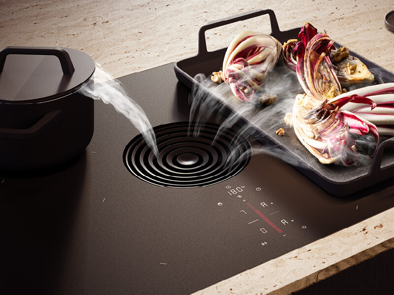 mattes Kochfeld M Pure Rough mit Dunstabzug von BORA, Dampf von kochendem Essen wird eingezogen