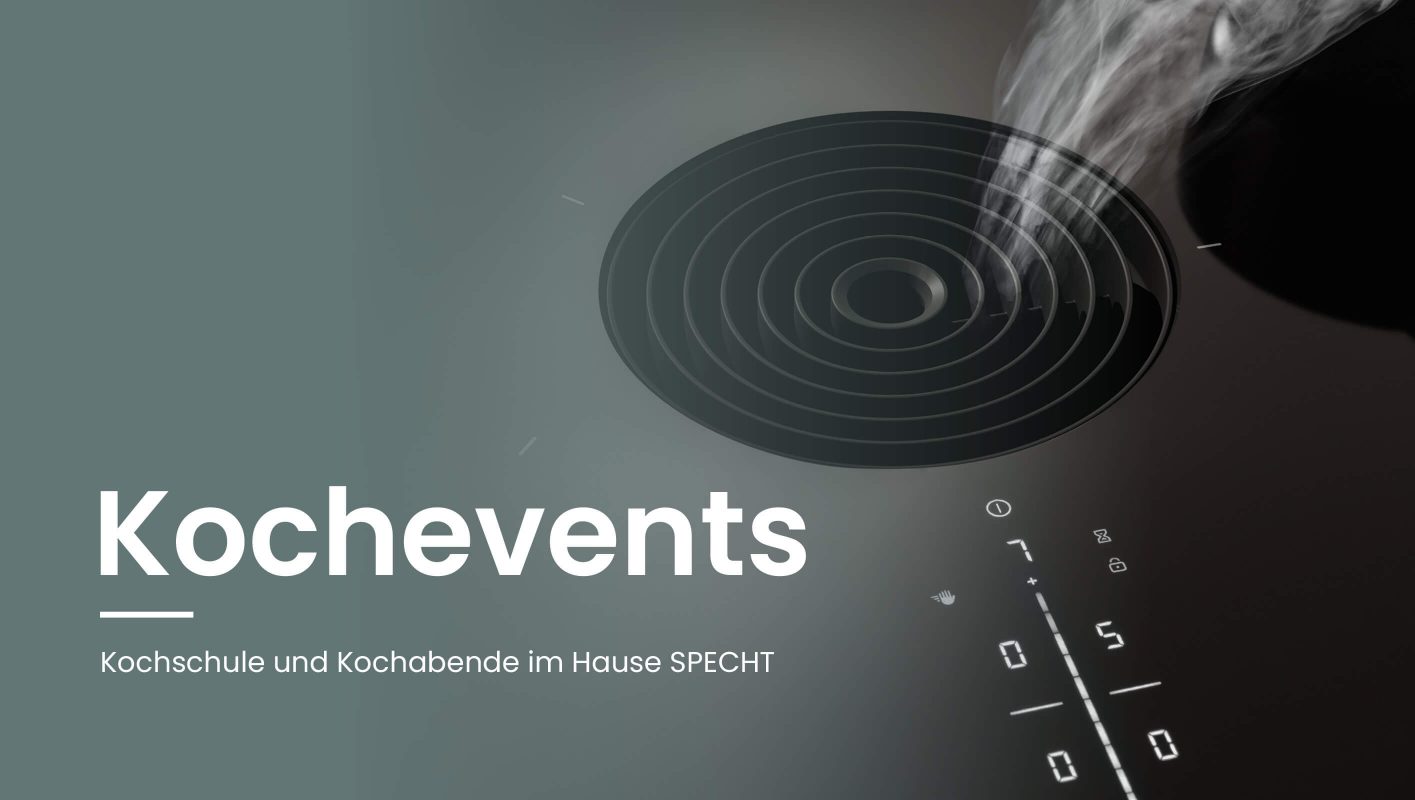 Kochfeld mit Fokus auf den integrierten Dunstabzug, darüber bläulicher Farbverlauf und Schriftzug "Kochevents"