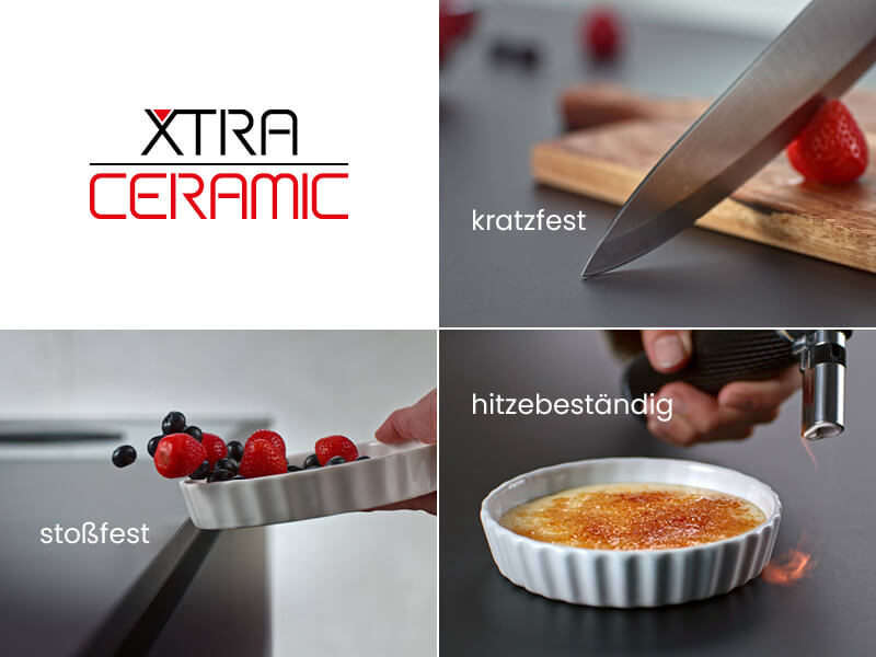 Collage aus Xtra Ceramic-Logo und drei Bildern, die Kratzfestigkeit, Stoßfestigkeit und Hitzebeständigkeit der Arbeitsplatte zeigen
