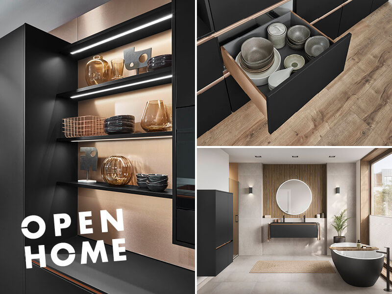 Collage aus drei Bildern, die Küchenauszug, Badezimmer und Regalwand zeigen, mit OpenHome-Logo