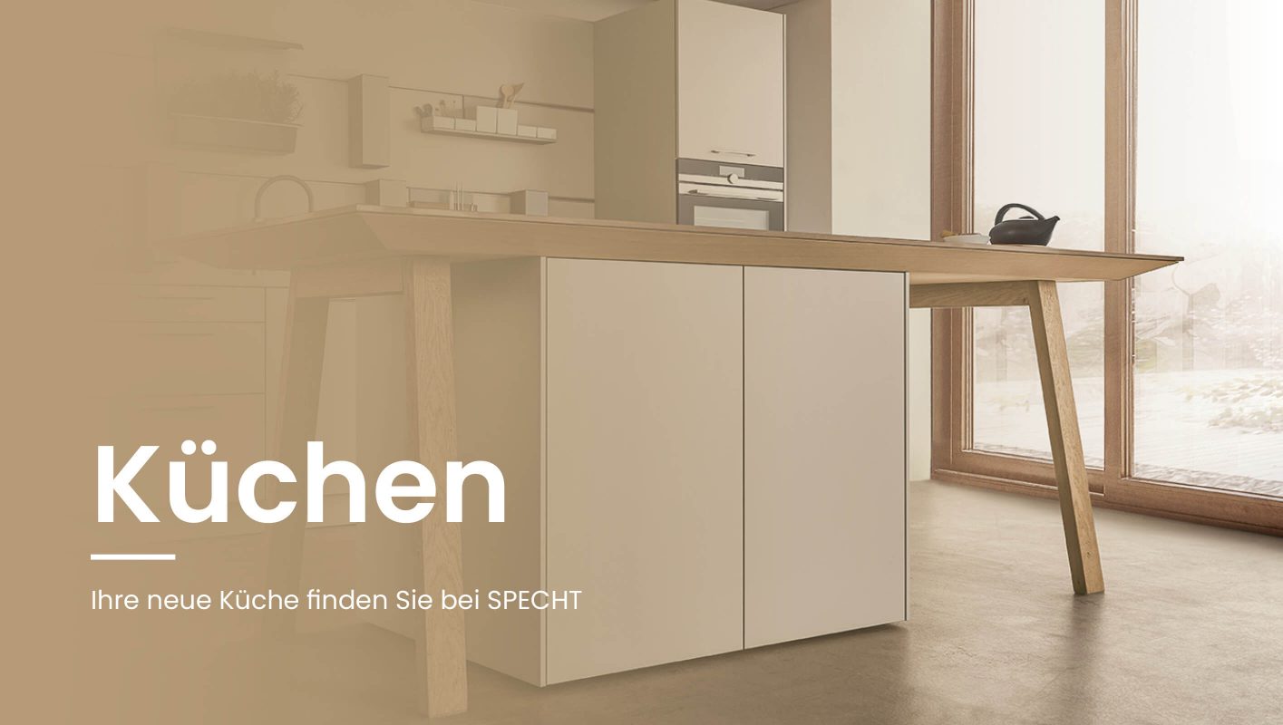 Headerbild mit natürlich wirkender Küchenzeile und Texthinweis auf Küchen bei Specht