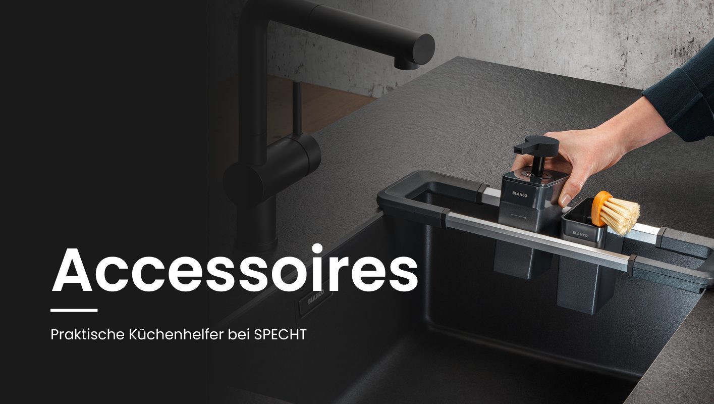 Headerbild mit schwarzem Spülbecken und Halter für Küchenutensilien und Texthinweis auf Accessoires bei Specht