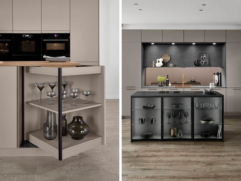 Collage aus zwei Bildern, linkes Bild zeigt Furnspin-Drehschrank von nobilia, rechtes Bild zeigt Vitrinenschark Air