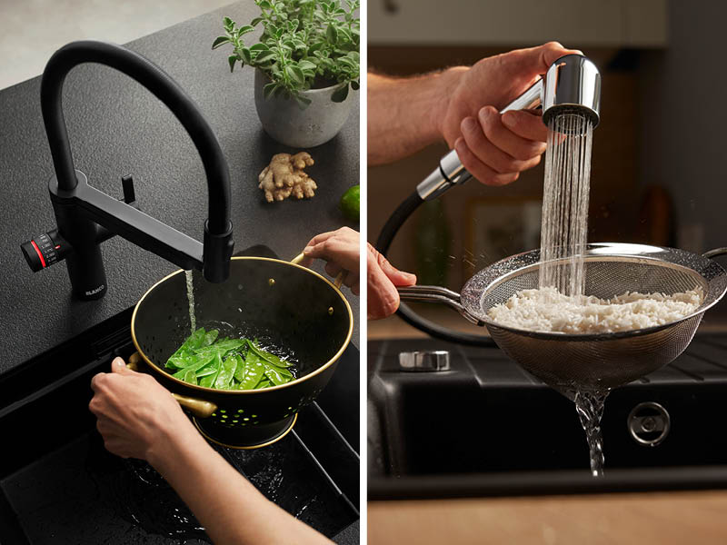 Collage aus zwei Bildern: Links wird Gemüse unter Armatur gewaschen, rechts wird Reis mit Wasserstrahl abgebraust