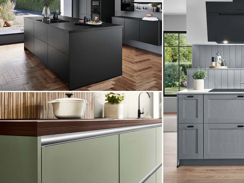 Kollage mit 3 matten Küchen. Eine schwarze matte Küche, eine blaue matte Küche mit Holzstruktur und eine grüne matte Küche.