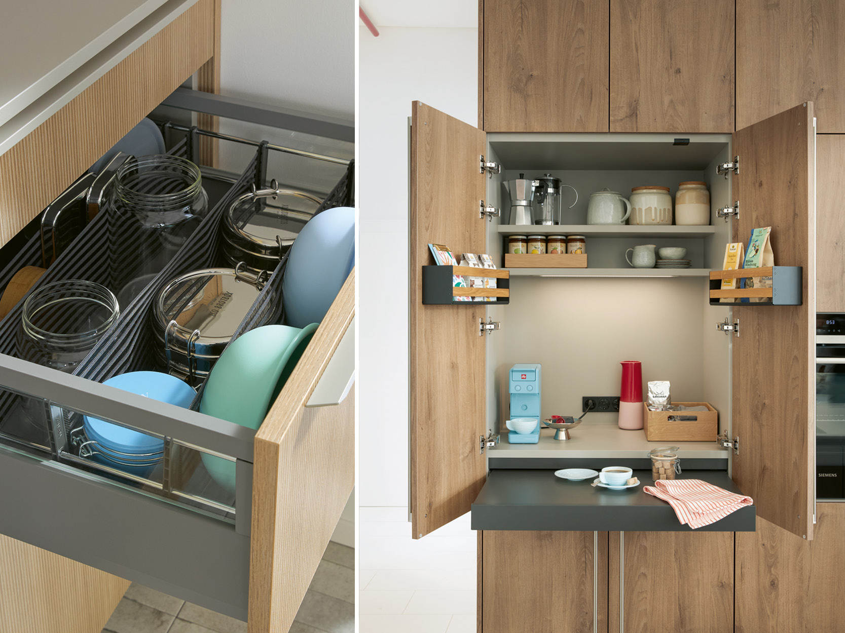 Praktische Stauraumlösungen für kleine Küchen: Besteck- und Geschirrschublade mit Einsätzen sowie ein integrierter Kaffeeschrank mit Klapptür und durchdachter Innenaufteilung.