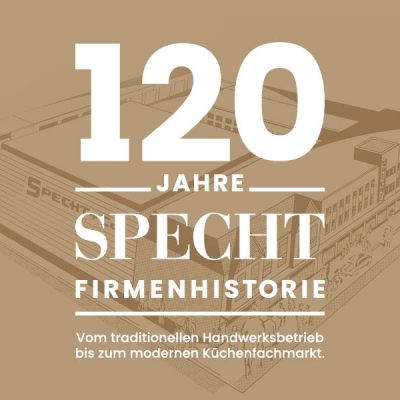 Jubiläumslogo 120 Jahre Specht Firmenhistorie vor grafischem Hintergrund mit Gebäudezeichnung