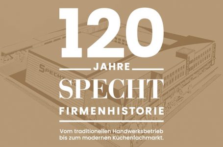 Jubiläumslogo 120 Jahre Specht Firmenhistorie vor grafischem Hintergrund mit Gebäudezeichnung