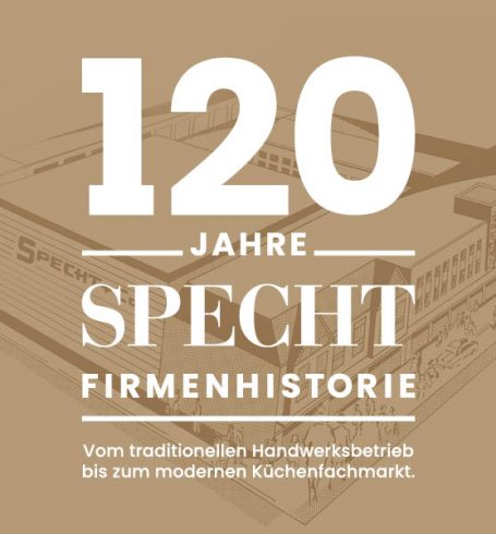 Jubiläumslogo 120 Jahre Specht Firmenhistorie vor grafischem Hintergrund mit Gebäudezeichnung