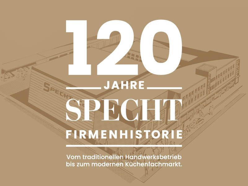 Jubiläumslogo 120 Jahre Specht Firmenhistorie vor grafischem Hintergrund mit Gebäudezeichnung