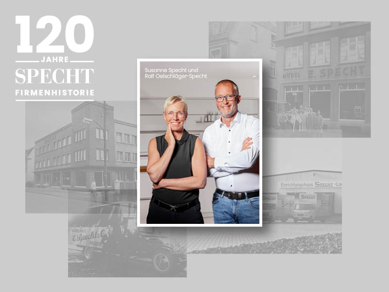 Portraitfoto der Geschäftsführer von Specht mit Collage aus mehreren historischen Bildern im Hintergrund, dazu Jubiläumslogo