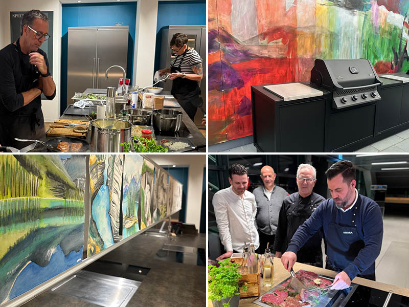 Collage aus vier Bildern: Kochabend bei Specht, Kunst von Susanne Specht in der Küchenausstellung, Kochen bei BORA