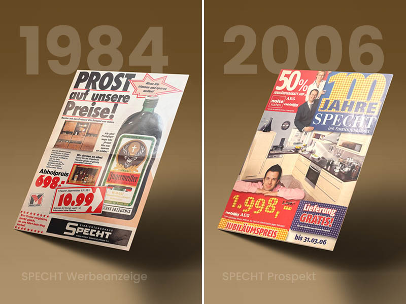Collage aus zwei Bildern: Specht-Werbeanzeige von 1984 und Specht-Prospekt von 2006