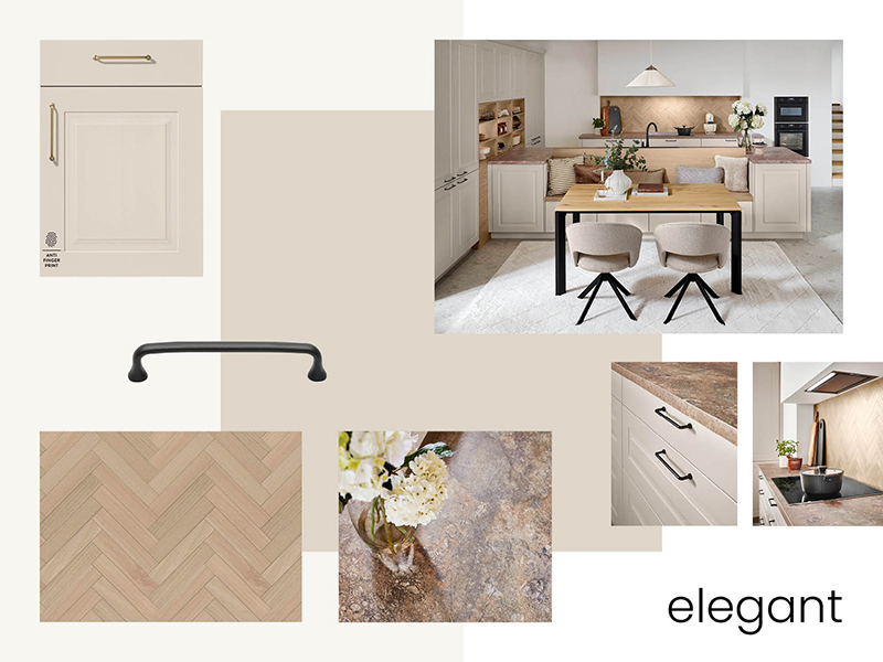 Collage aus Küchen- und Materialbildern als Moodboard zum Thema elegante Küche