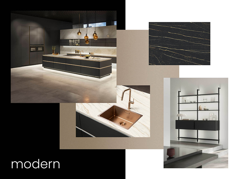 Collage aus Küchen- und Materialbildern als Moodboard zum Thema moderne Küche