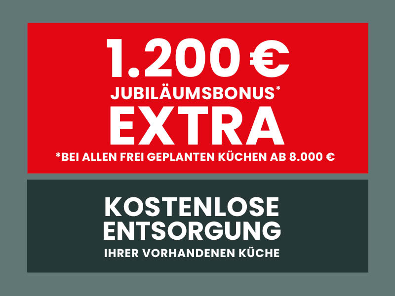 Werbebanner mit Jubiläumsangebot „1.200 € Bonus extra“ und kostenloser Küchenentsorgung von SPECHT.