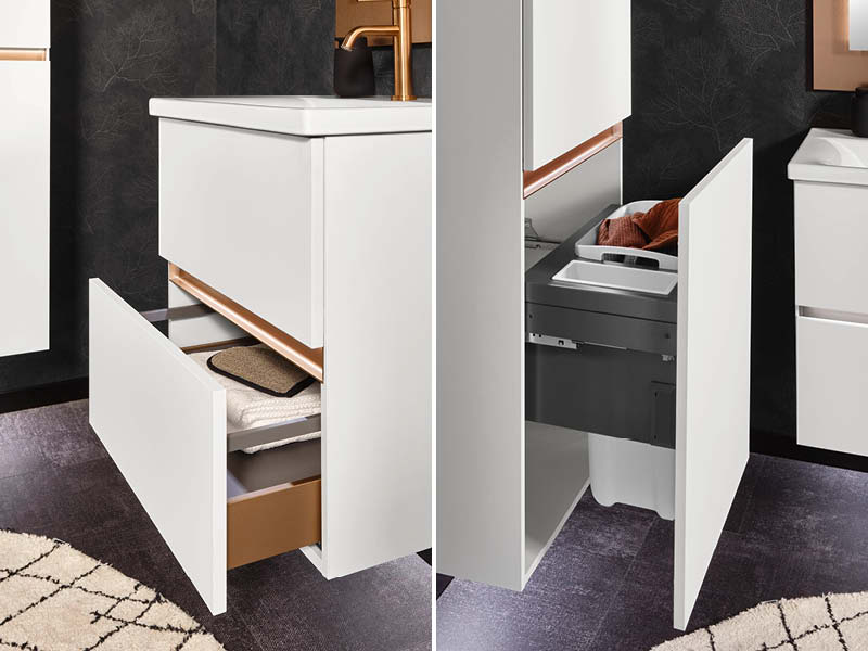 Durchdachte Badmöbel bei SPECHT: Nobilia Waschtischunterschrank in Weiß mit Soft-Close Schubladen und integriertem Abfallsystem, funktional und platzsparend für modernes Bad