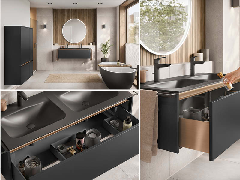 Elegantes Nobilia Badmöbel Set in Dunkelgrau mit Doppelwaschbecken, integrierten Schubladen und Holzakzenten, stilvoll und funktional