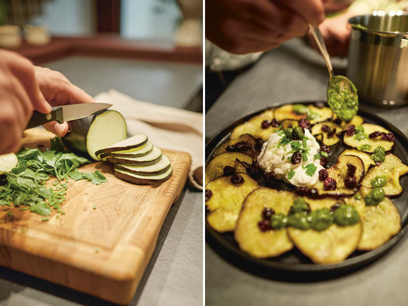 Geteiltes Bild zeigt Gemüse schneiden auf Holzbrett und fertiges Auberginengericht mit Kräutersauce, Beeren und cremigem Topping.