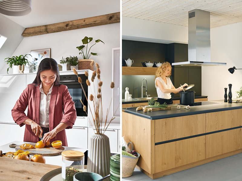 Helle Küchen von nobilia in Holzoptik mit Arbeitsflächen, Einbaugeräten und offenen Regalen, die Kochen und frische Zubereitung natürlich verbinden.