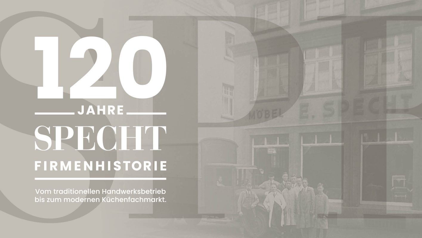 Logo 120 Jahre Specht Firmenjubiläum vor grauem Hintergrund mit hinterlegtem Historienbild