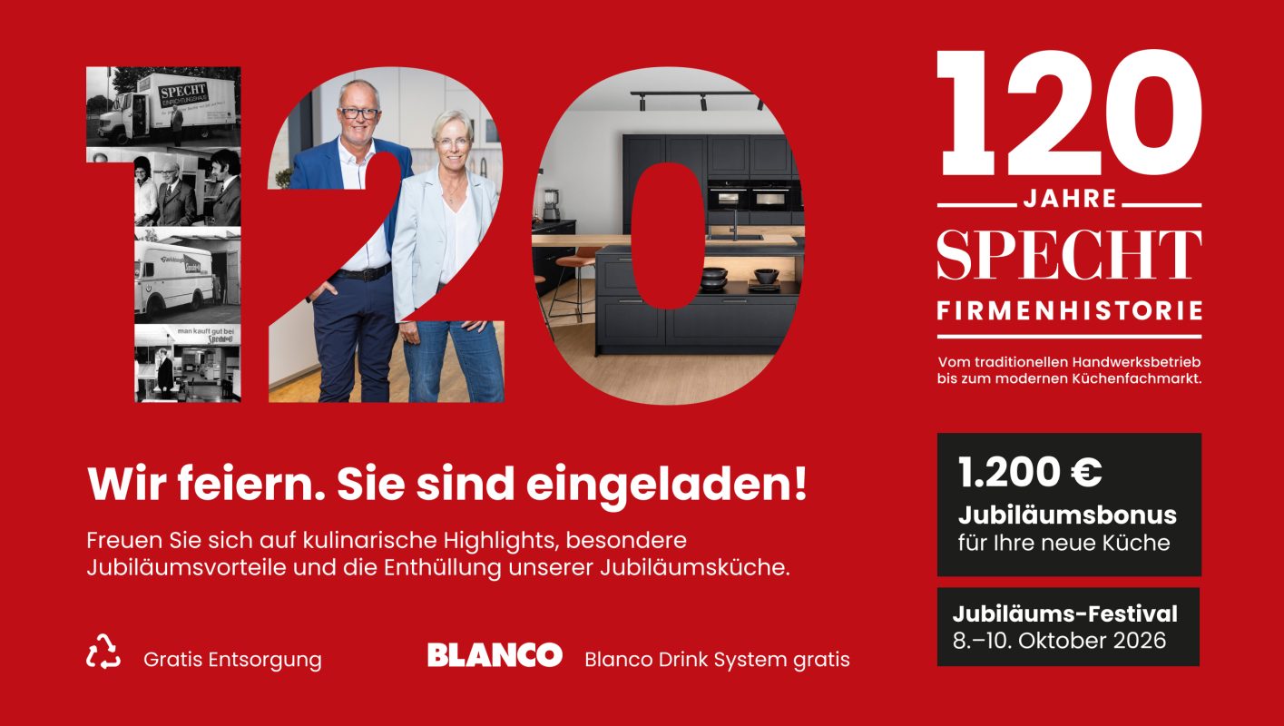 ubiläumsbanner zum 120-jährigen Firmenbestehen mit historischen Unternehmensfotos, moderner Küche, Jubiläumsbonus, Gratis-Entsorgung und Einladung zum Jubiläums-Festival vom 8. bis 10. Oktober 2026.