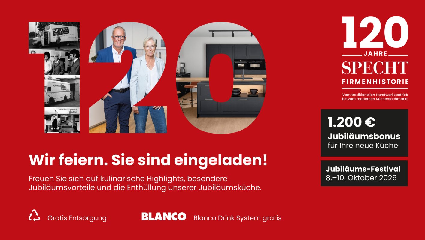 ubiläumsbanner zum 120-jährigen Firmenbestehen mit historischen Unternehmensfotos, moderner Küche, Jubiläumsbonus, Gratis-Entsorgung und Einladung zum Jubiläums-Festival vom 8. bis 10. Oktober 2026.
