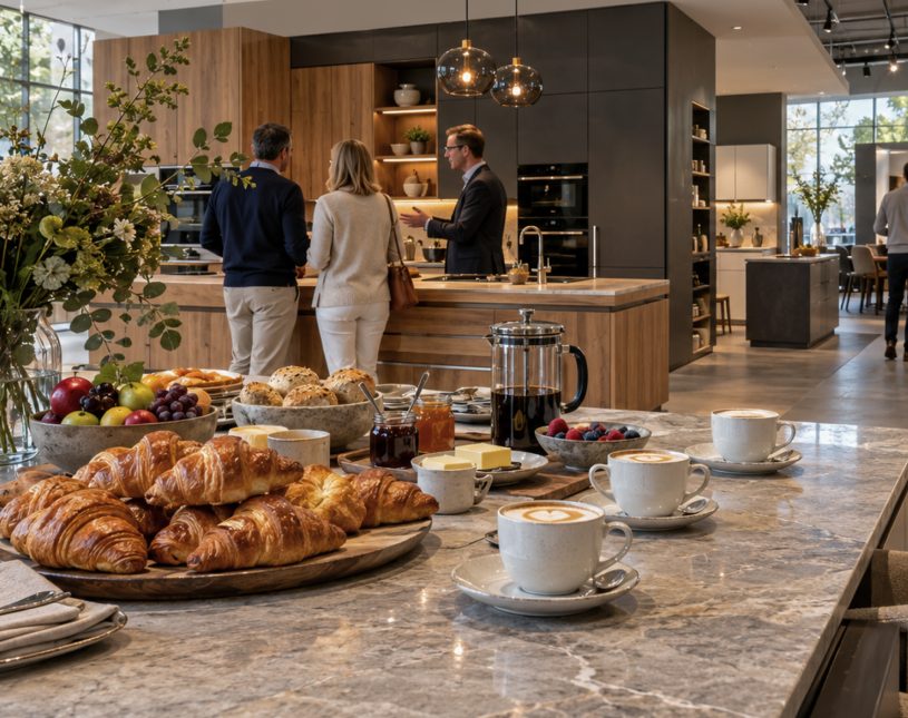 Frühstücksbuffet mit Croissants, Kaffee und weiteren Speisen in einer modernen Küchenausstellung.