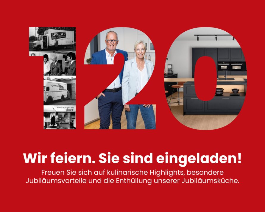 Grafik zum 120-jährigen Jubiläum mit historischen Unternehmensfotos, moderner Küche und Einladung zur Jubiläumsveranstaltung.